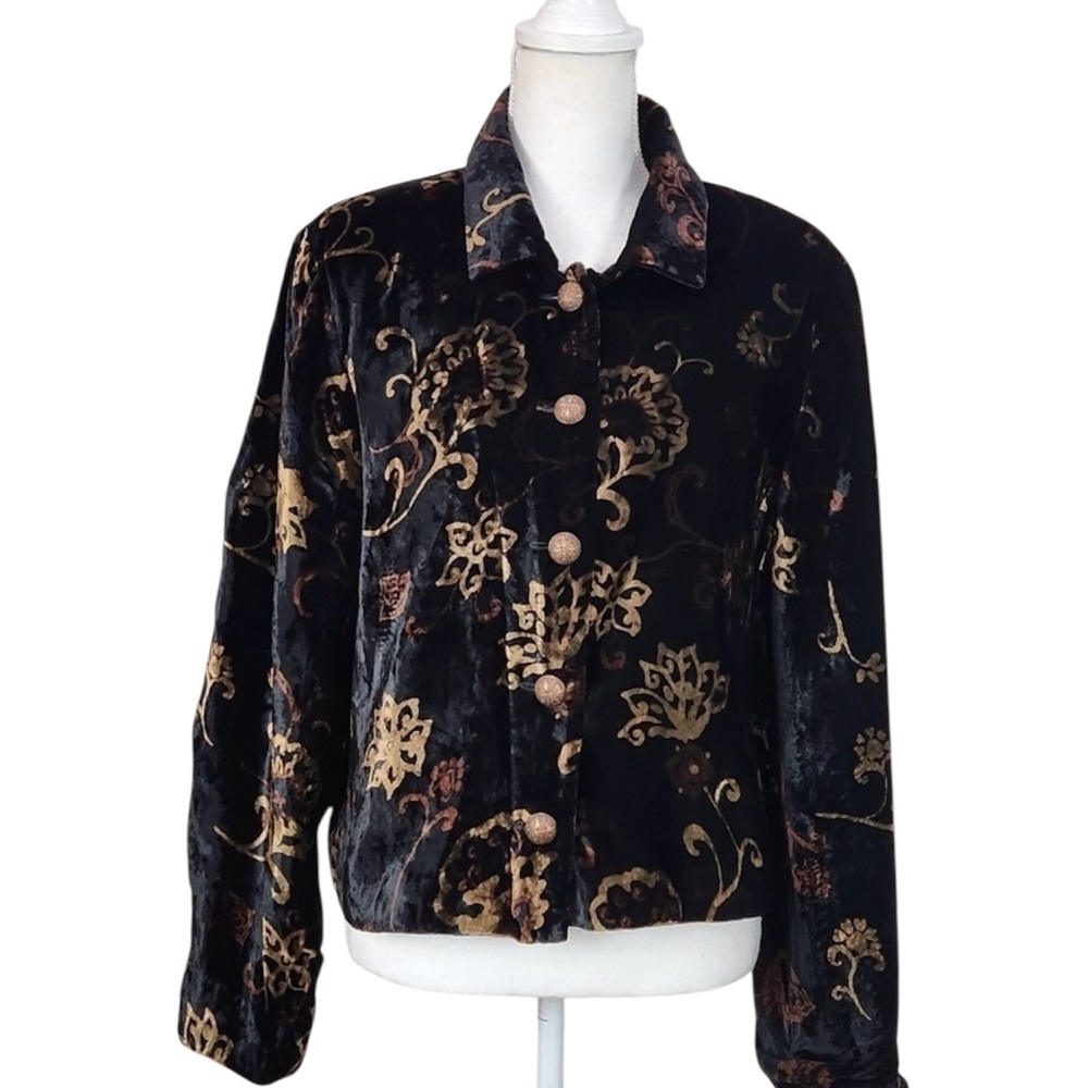 Lucia Lukken Floral Print Velvet Button Front Jacket Size Large